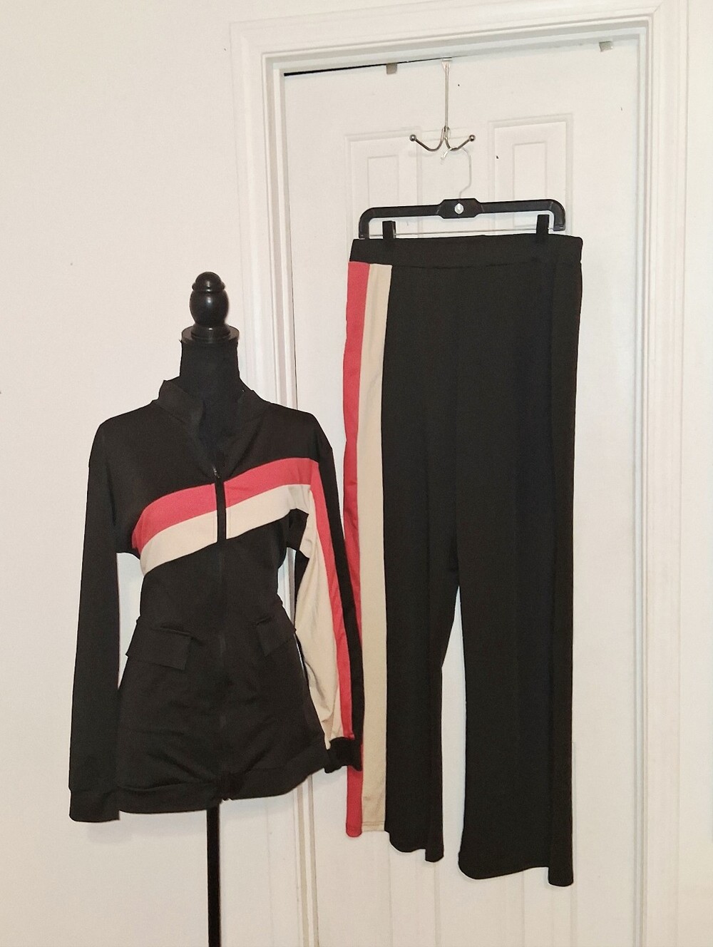 Black Track Jacket & Pants Set with Red and Cream Stripes - Picture 2 of 6
